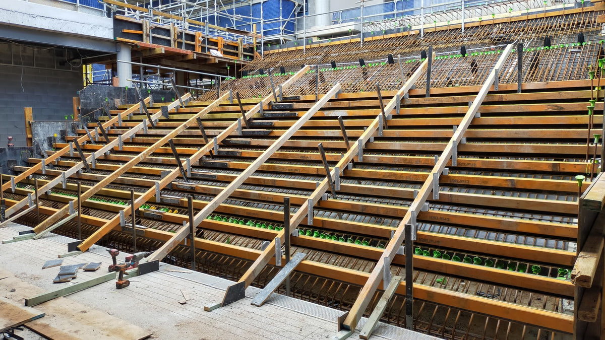 StairMate brackets on stair formwork with timber rakers